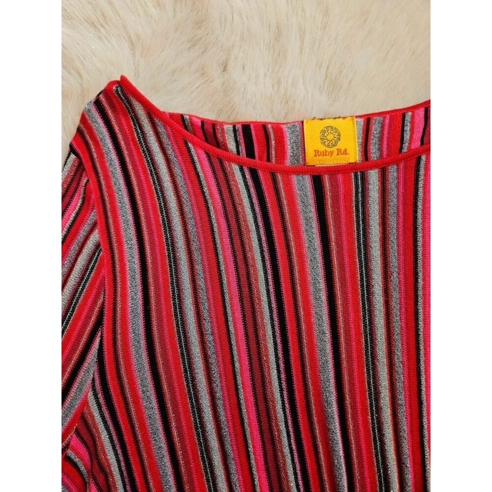 Ruby Rd. Striped Metallic Twist Front Top L | Retro Shimmer Bell Sleeve Blouse - Picture 4 of 6